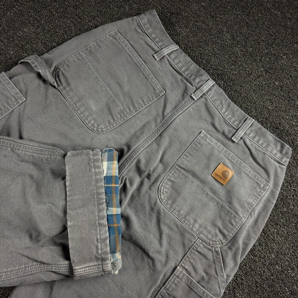 Carhartt Flannel Lined Dungaree Pants Size 34X30 Gray B111 GVL Workwear